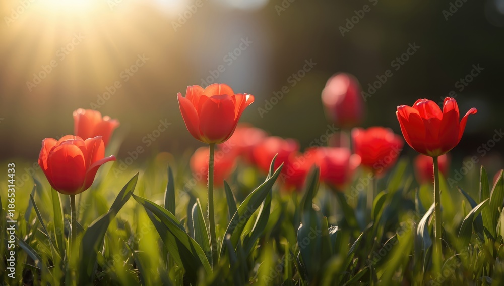Naklejka premium Red tulip field during spring, designed for use as a nature-themed layout backdrop