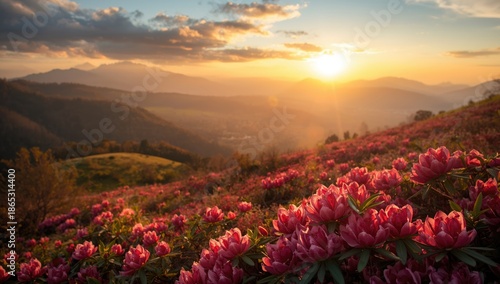 Mountain scenery during spring sunset featuring rhododendron blooms, seasonal change observance