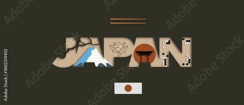 Minimalist Japan banner inspired by traditional Japanese culture. Sun, torii gate, branche, mountains and abstract landscapes combined with modern typography.