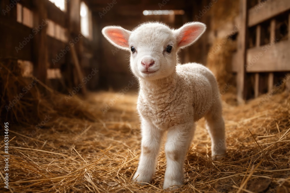 Fototapeta premium Innocent young lamb exploring barn interior with attentive look