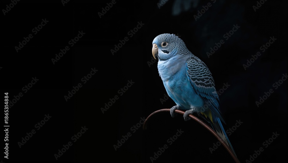 Obraz premium Single blue parakeet against black backdrop, highlighting bird species and enclosure setup
