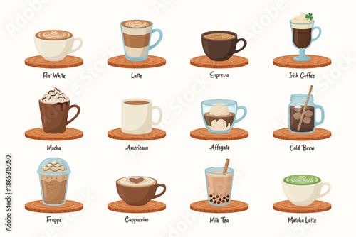 Flat Cartoon Coffee Drinks, Vector Illustration. Flat White, Latte, Espresso, Irish Coffee, Mocha, Americano, Affogato, Cold Brew, Frappe, Cappuccino, Milk Tea, Matcha Latte, Cafe Icons. Coffee Mugs