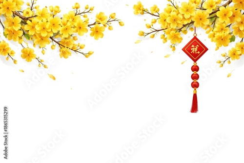 Wallpaper Mural Lunar new year floral banner showing yellow apricot flowers and a dangling charm on white Torontodigital.ca