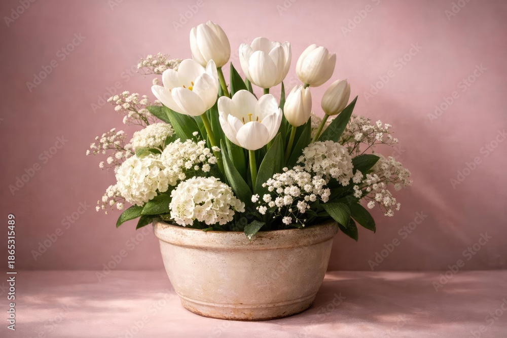 Fototapeta premium Bright white tulip and flower cluster potted arrangement with light pink background