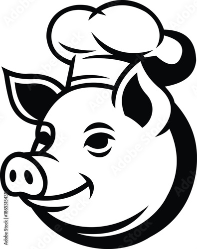 pig chef mascot logo wearing toque hat black and white cartoon illustration