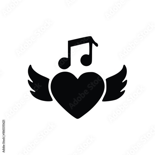 A black heart with wings and musical notes above, symbolizing love for music or musical passion.