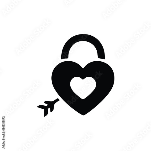A black heart-shaped padlock with a white heart cutout and an arrow piercing through it, symbolizing love and security.