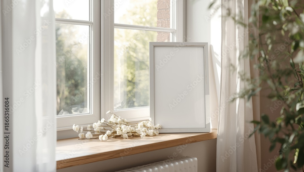 Fototapeta premium Detailed view of a frame with floral accents positioned near a window, used for visual presentation or creative projects