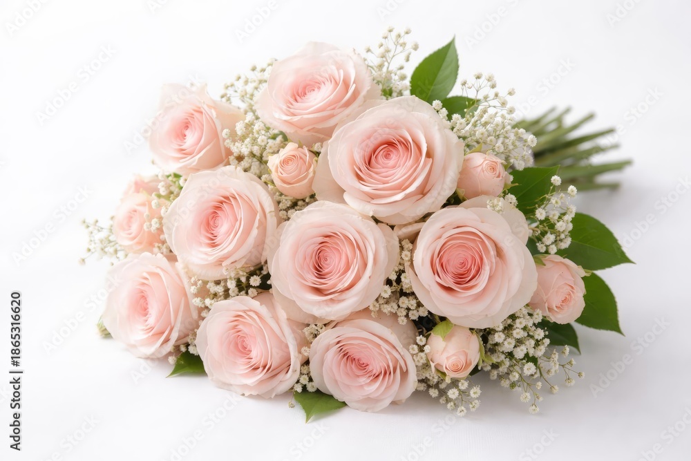 Obraz premium Elegant bouquet of soft pink roses displayed on a pristine white backdrop