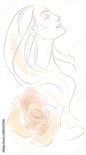 Elegant woman with flowing hair and a delicate rose in soft pastel hues captures the essence of beauty and grace in a serene setting