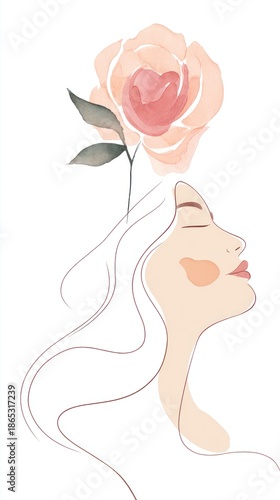 Embracing serenity with a delicate rose blooming above a serene woman's head in a graceful artistic style