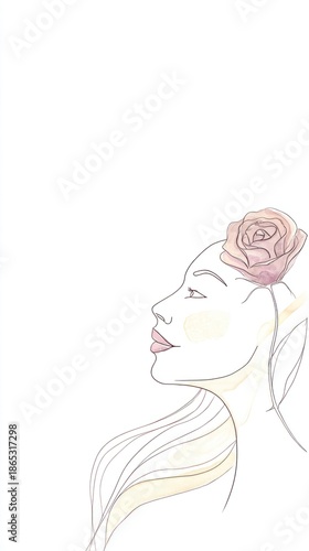 Captivating face with a delicate rose crown against a soft, minimalist background