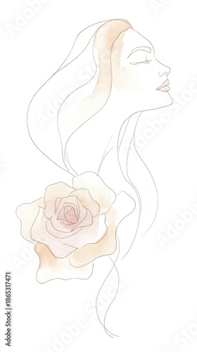 Elegance captured in a serene blend of beauty and nature with a delicate woman and rose intertwining in soft lines