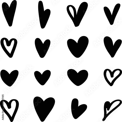 Hand drawn black heart shapes arranged in grid pattern expressing love affection emotion romance creativity and playful artistic style