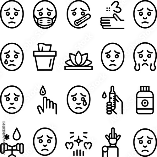 Line icons display people with illness symptoms medical conditions fever pain injury and healthcare status indicators