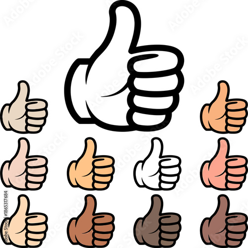Thumbs up hand gesture icons in multiple skin tones symbolize approval positivity agreement feedback support and social interaction