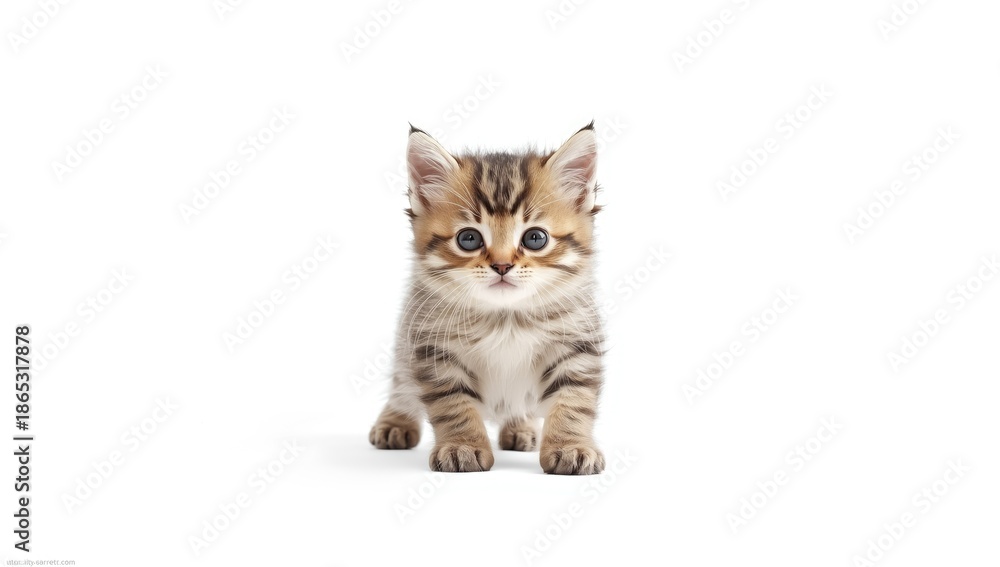 Fototapeta premium Young kitten lying on a plain white backdrop, highlighting delicate features and curiosity, International Pet Day