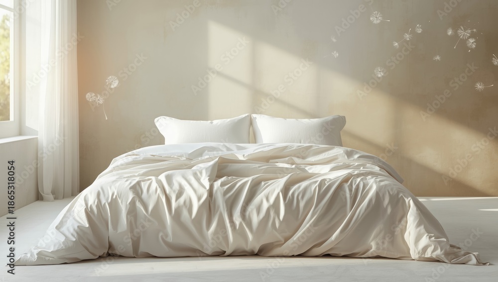 Obraz premium White linen bed with plush mattress, ideal for relaxation and sleep environment
