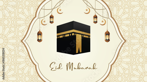Artistic Eid Mubarak Greeting with Kaaba Illustration and Hanging Lanterns on Decorative Background