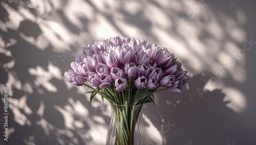 Colorful display of tiny violet tulips in a celebration arrangement, suitable for floral layout