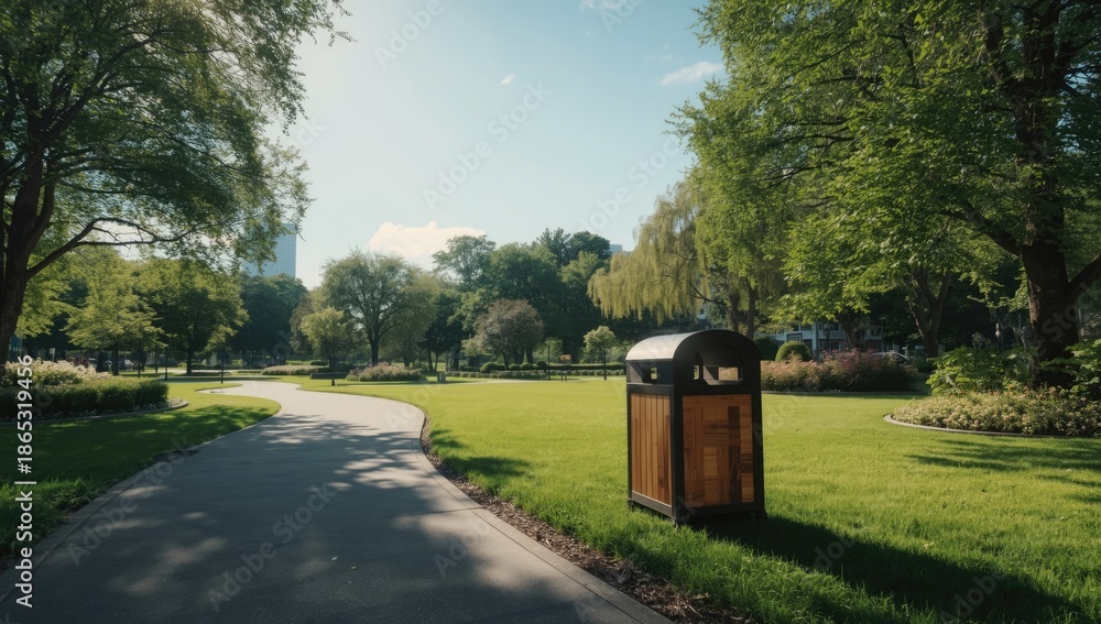 Obraz premium Summer scene in an urban park featuring a trash bin for waste disposal