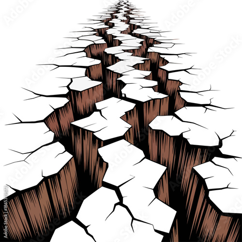 Abstract 3D illustration of deep cracked ground forming a dramatic chasm, symbolizing earthquake damage, environmental crisis, instability, and geological rupture viewed from an elevated perspective.
