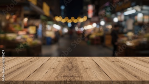 Wallpaper Mural Night market scene with out-of-focus background and a bare wooden table, ideal for layout backgrounds Torontodigital.ca