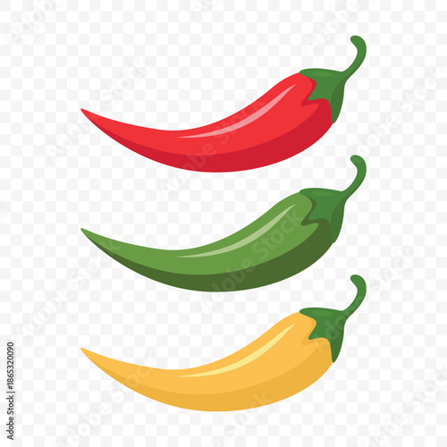 Chili Peppers Set Vector Illustration. Red Green Yellow Hot Pepper, Spicy Food Ingredient, Vegetable, Vector Icon. Chili, Pepper, Spicy Food