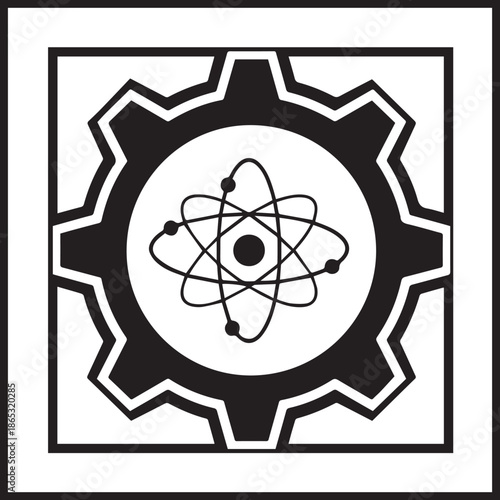Atomic structure illustration within a gear, symbolizing technology and science integration in a graphic design