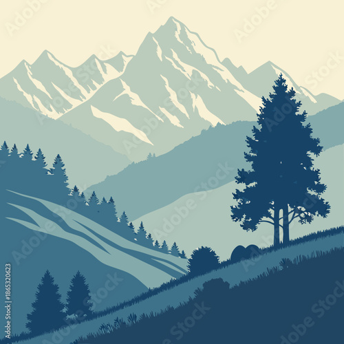 A minimalist illustration of a mountain range, with a soft blue palette and a subtle gradient effect.