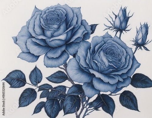vintage sketch of blue ink roses on white background
