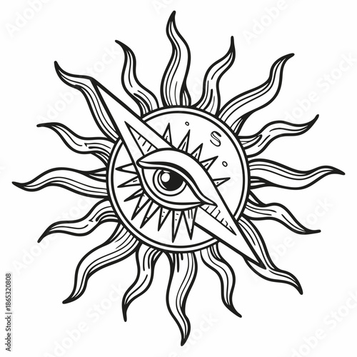 Sun with an eye. All-seeing eye. Isoteric, occult, magical vector illustration. vintage black engraving, emblem, logo. tattoo sketch, print