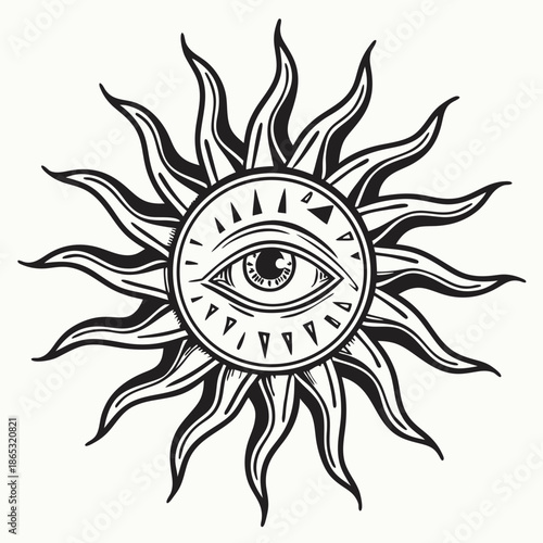 Sun with an eye. All-seeing eye. Isoteric, occult, magical vector illustration. vintage black engraving, emblem, logo. tattoo sketch, print