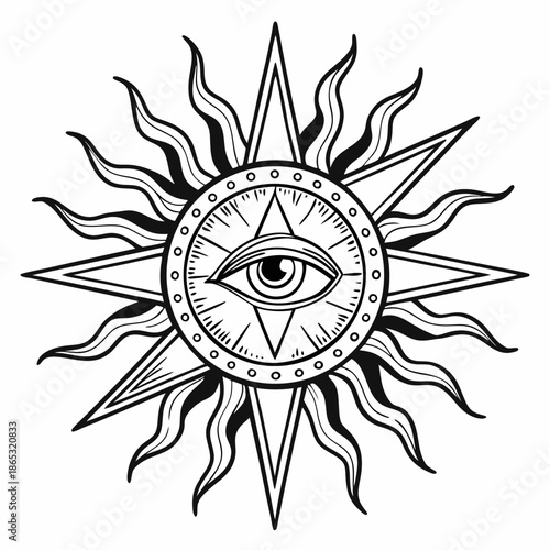 Sun with an eye. All-seeing eye. Isoteric, occult, magical vector illustration. vintage black engraving, emblem, logo. tattoo sketch, print