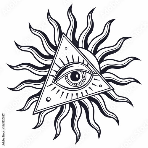 Sun with an eye. All-seeing eye. Isoteric, occult, magical vector illustration. vintage black engraving, emblem, logo. tattoo sketch, print