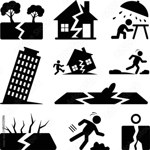 Earthquake damage icons show cracked buildings collapsing structures illustrating seismic activity destruction risk and urban vulnerability