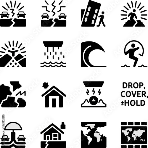 Disaster and emergency icons depict accidents natural catastrophes damage rescue risk warning situations for safety awareness and preparedness