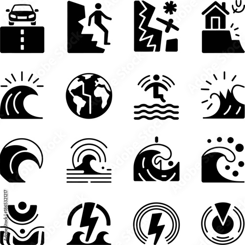 Disaster and emergency icons depict accidents natural catastrophes damage rescue risk warning situations for safety awareness and preparedness