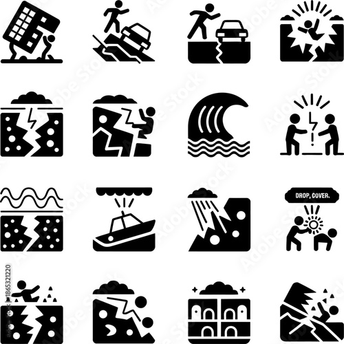 Disaster and emergency icons depict accidents natural catastrophes damage rescue risk warning situations for safety awareness and preparedness