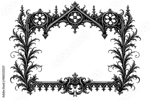 elaborate gothic mirror frame illustration featuring ornate victorian scrollwork, pointed arch detailing, floral tracery and symmetrical dark decorative elements