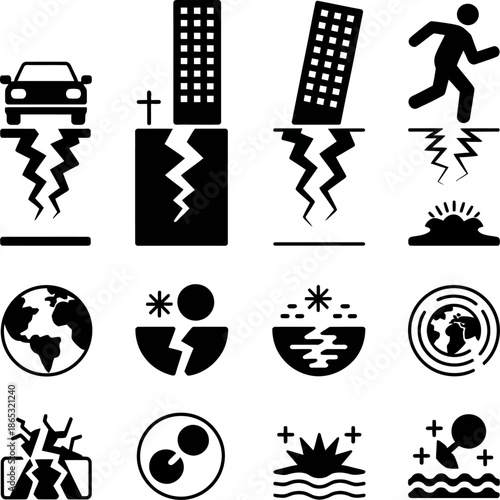 Disaster and emergency icons depict accidents natural catastrophes damage rescue risk warning situations for safety awareness and preparedness
