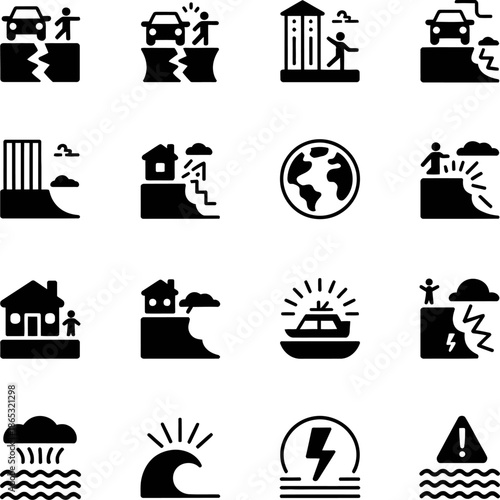 Disaster and emergency icons depict accidents natural catastrophes damage rescue risk warning situations for safety awareness and preparedness