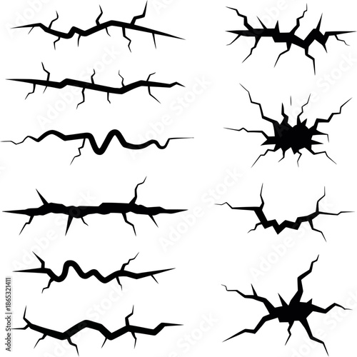 Abstract crack and fracture shapes radiate outward symbolizing breakage damage stress impact chaos decay and destructive forces
