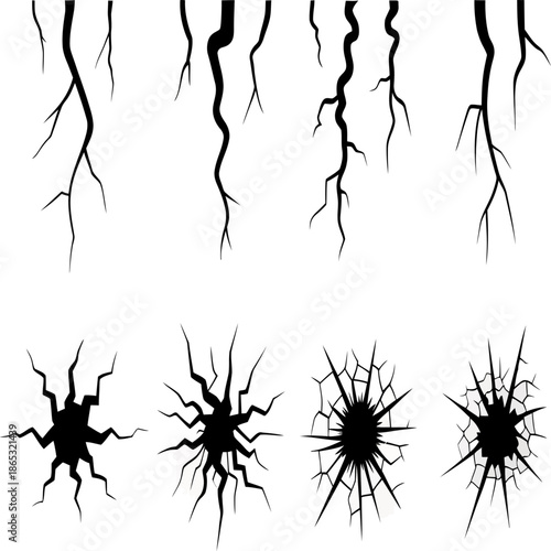 Abstract crack and fracture shapes radiate outward symbolizing breakage damage stress impact chaos decay and destructive forces
