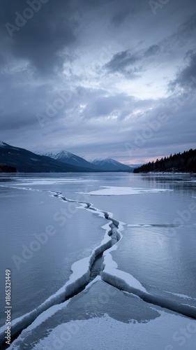 Stark Winter Landscape with Dramatic Cracked Ice Formation