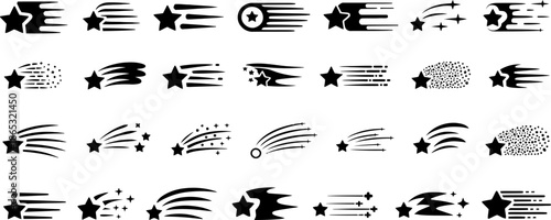 Stylized shooting star and comet icons in varied forms illustrate motion magic celestial travel wishes and cosmic symbolism
