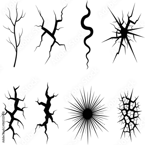 Abstract crack and fracture shapes radiate outward symbolizing breakage damage stress impact chaos decay and destructive forces