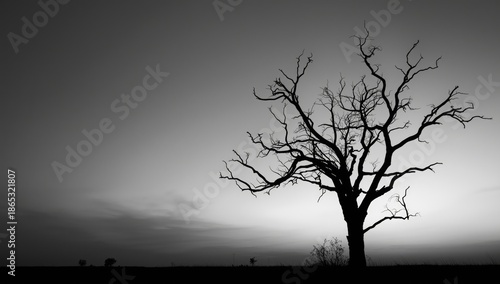Monochrome image of a barren tree branch reaching into an overcast sky, highlighting winter dormancy