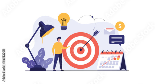 Person stands beside a bullseye target surrounded by icons representing ideas communication planning and deadlines illustrating a focused marketing strategy.