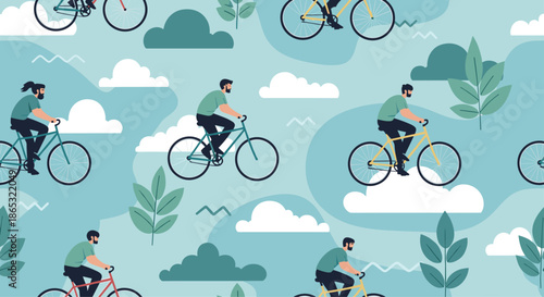Cyclists ride through a bright stylized landscape with blue skies white clouds rolling hills and tall trees creating a cheerful outdoor adventure scene.